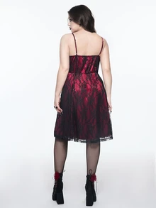 ROMWE Gothic Plus Size Spaghetti Strap Dress With 3D Rose Decor, Lace Sheer Burgundy Waist-Cinching A-Line Party Mini Dress - Burgundy - View 3