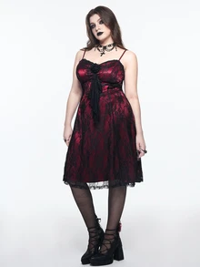 ROMWE Gothic Plus Size Spaghetti Strap Dress With 3D Rose Decor, Lace Sheer Burgundy Waist-Cinching A-Line Party Mini Dress - Burgundy - View 6