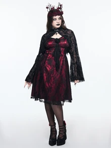 ROMWE Gothic Plus Size Spaghetti Strap Dress With 3D Rose Decor, Lace Sheer Burgundy Waist-Cinching A-Line Party Mini Dress - Burgundy - View 8