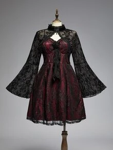 ROMWE Gothic Plus Size Spaghetti Strap Dress With 3D Rose Decor, Lace Sheer Burgundy Waist-Cinching A-Line Party Mini Dress - Burgundy - View 17