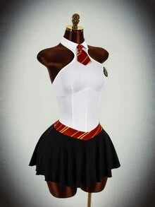 Bumpella Halloween Magic Academy Style Cut-Out Waist Umbrella Skirt Cross Strap Backless With Lining Tie Neck Women's Fitted Mini Dress - Black and White - View 8