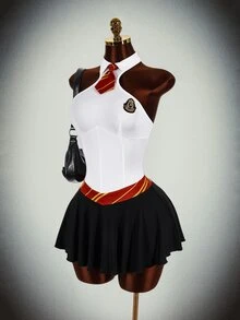 Bumpella Halloween Magic Academy Style Cut-Out Waist Umbrella Skirt Cross Strap Backless With Lining Tie Neck Women's Fitted Mini Dress - Black and White - View 2
