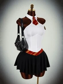 Bumpella Halloween Magic Academy Style Cut-Out Waist Umbrella Skirt Cross Strap Backless With Lining Tie Neck Women's Fitted Mini Dress - Black and White - View 7