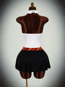 Bumpella Halloween Magic Academy Style Cut-Out Waist Umbrella Skirt Cross Strap Backless With Lining Tie Neck Women's Fitted Mini Dress - Black and White - View 11