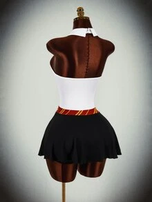 Bumpella Halloween Magic Academy Style Cut-Out Waist Umbrella Skirt Cross Strap Backless With Lining Tie Neck Women's Fitted Mini Dress - Black and White - View 10