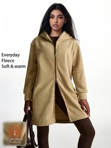 Innovista Innovista Women's Long Sleeve Zip Up Hooded Fleece Lined Sports Dress Loose, Casual, Fall, Winter, Autumn, Gym, Workout, Running, Yoga, Fitness, Athletic - Apricot - View 18