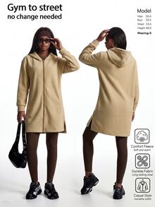 Innovista Innovista Women's Long Sleeve Zip Up Hooded Fleece Lined Sports Dress Loose, Casual, Fall, Winter, Autumn, Gym, Workout, Running, Yoga, Fitness, Athletic - Apricot - View 3
