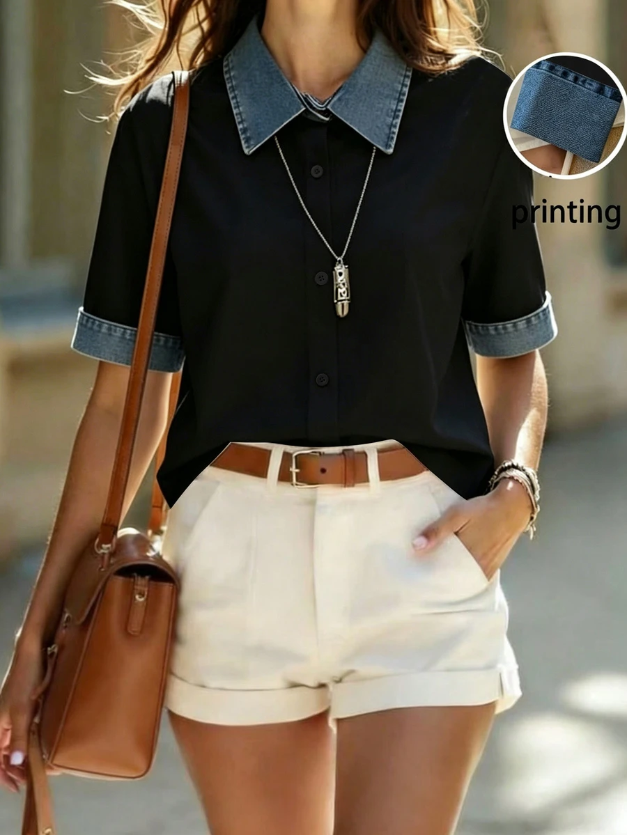 SHEIN LUNE [Denim Effect] Women's Printed Comfortable Denim Effect Short Sleeve Top Back-To-School School Black Summer Preppy - Black - View 1
