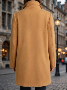 Balvessa Elegant Casual Commute Daily Fitted Mid-Length Women's Overcoat, Spring/Autumn/Winter, Camel Color, Stand Collar, Button-Up, With Pockets - Camel - View 3