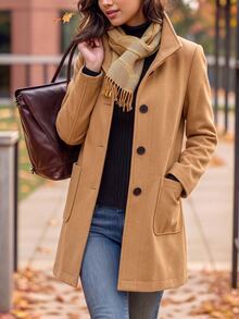 Balvessa Elegant Casual Commute Daily Fitted Mid-Length Women's Overcoat, Spring/Autumn/Winter, Camel Color, Stand Collar, Button-Up, With Pockets - Camel - View 4