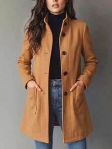 Balvessa Elegant Casual Commute Daily Fitted Mid-Length Women's Overcoat, Spring/Autumn/Winter, Camel Color, Stand Collar, Button-Up, With Pockets - Camel - View 2