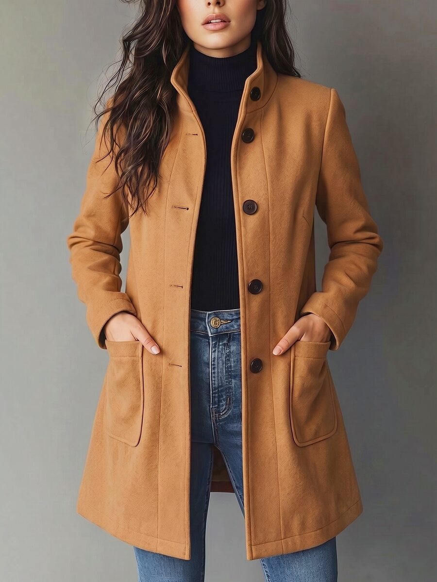 Balvessa Elegant Casual Commute Daily Fitted Mid-Length Women's Overcoat, Spring/Autumn/Winter, Camel Color, Stand Collar, Button-Up, With Pockets