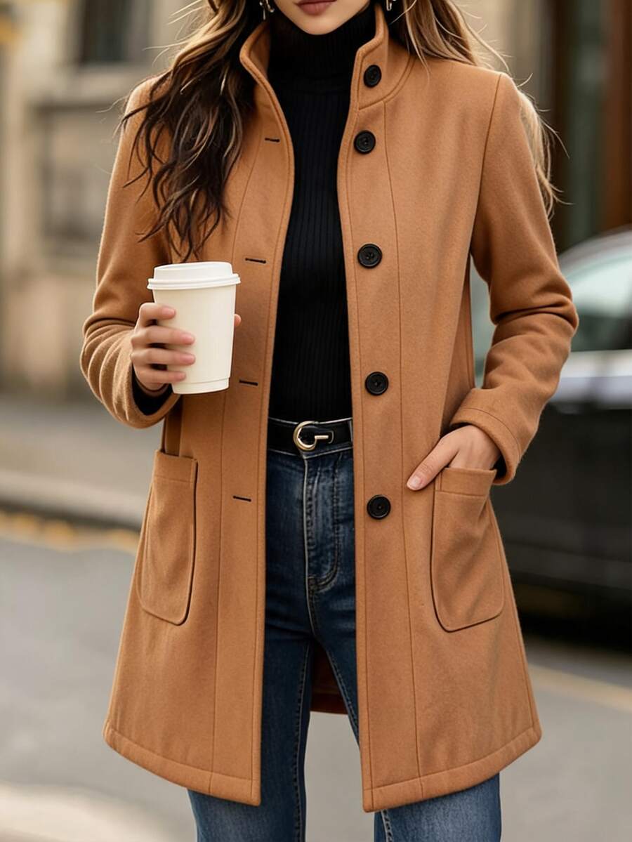 Balvessa Elegant Casual Commute Daily Fitted Mid-Length Women's Overcoat, Spring/Autumn/Winter, Camel Color, Stand Collar, Button-Up, With Pockets