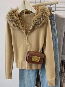 SHEIN EZwear Women's Solid Color Long Sleeve Zip-Up Hooded Knit Cardigan With Fur Trim - Mocha Brown - View 10