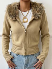 SHEIN EZwear Women's Solid Color Long Sleeve Zip-Up Hooded Knit Cardigan With Fur Trim - Mocha Brown - View 12