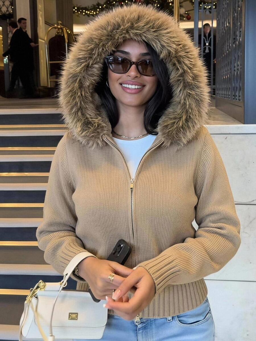 SHEIN EZwear 女款純色長袖拉鍊連帽針織開襟毛衣,飾毛邊 - 摩卡棕 - 查看 1