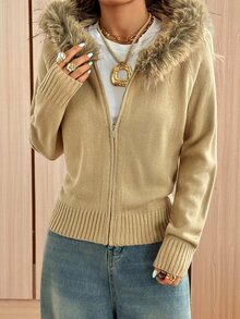 SHEIN EZwear Women's Solid Color Long Sleeve Zip-Up Hooded Knit Cardigan With Fur Trim - Mocha Brown - View 3
