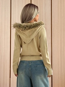 SHEIN EZwear Women's Solid Color Long Sleeve Zip-Up Hooded Knit Cardigan With Fur Trim - Mocha Brown - View 2