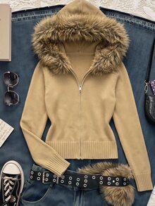 SHEIN EZwear Women's Solid Color Long Sleeve Zip-Up Hooded Knit Cardigan With Fur Trim - Mocha Brown - View 9