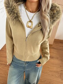 SHEIN EZwear Women's Solid Color Long Sleeve Zip-Up Hooded Knit Cardigan With Fur Trim - Mocha Brown - View 4