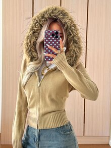 SHEIN EZwear Women's Solid Color Long Sleeve Zip-Up Hooded Knit Cardigan With Fur Trim - Mocha Brown - View 8