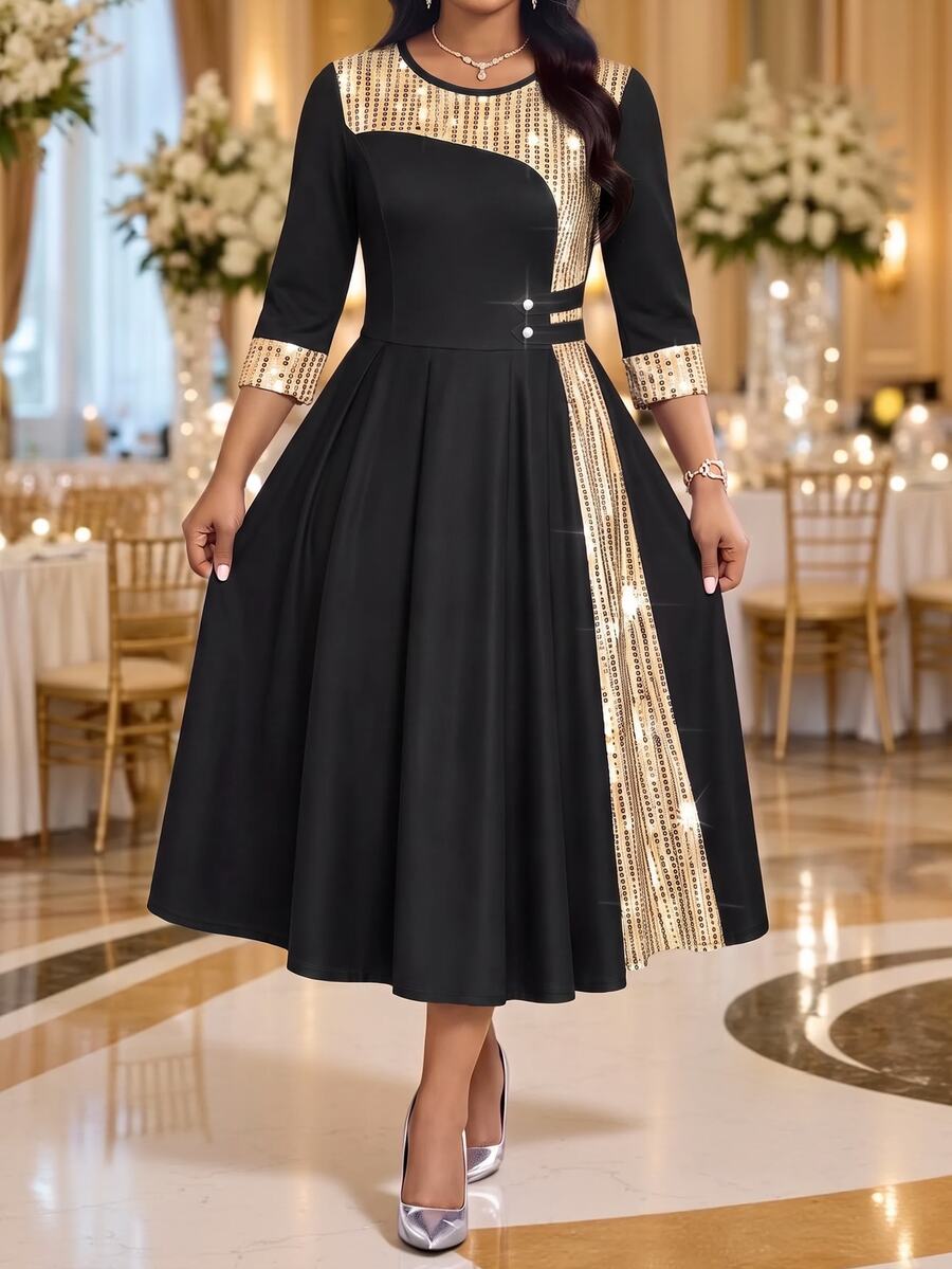 Fleurora Plus Size Women's Patchwork Sequin Round Neck 3/4 Sleeve ...