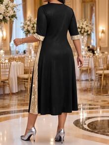 Fleurora Plus Size Women's Patchwork Sequin Round Neck 3/4 Sleeve ...