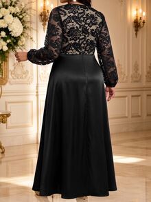 Fleurora Plus Size Women Lace Patchwork Casual Party Dress - Black - View 2