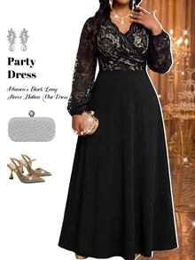 Fleurora Plus Size Women Lace Patchwork Casual Party Dress - Black - View 5