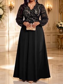 Fleurora Plus Size Women Lace Patchwork Casual Party Dress - Black - View 3