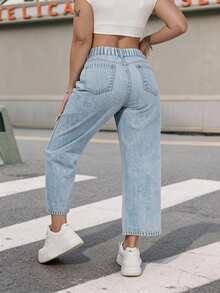 Jeanoix Plus Size Women Casual Loose Straight Leg Light Blue Non-Stretch Jeans - Light Wash - View 2