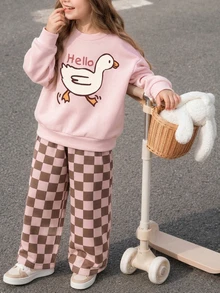 Kids Young Girl Solid Color Crew Neck Long Sleeve Sweatshirt And Casual Pants Set, Style Suitable For Autumn/Winter Daily Wear, Sports, Christmas - Multicolor - View 1