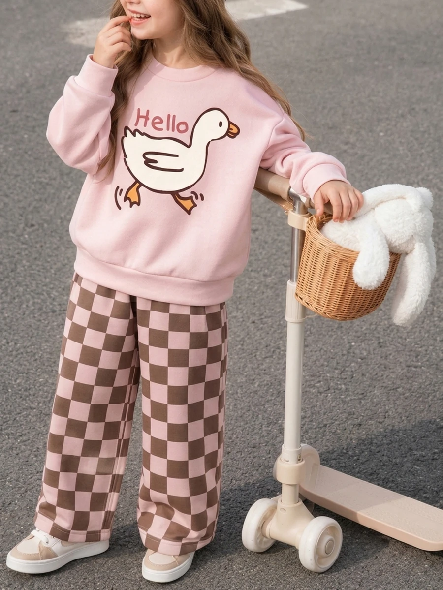 Kids Young Girl Solid Color Crew Neck Long Sleeve Sweatshirt And Casual Pants Set, Style Suitable For Autumn/Winter Daily Wear, Sports, Christmas - Multicolor - View 1
