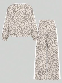 SHEIN Girlism 復古時尚豹紋淺灰色與白色條紋青少年女孩休閒寬鬆落肩長袖圓領套頭衛衣與寬腿運動褲套裝，適合秋冬日常、街頭、戶外、運動、校園、返校 - 彩色 - 查看 3