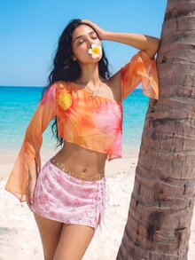 SHEIN ICON 女士超大印花不对称肩部上衣 - 粉色 - 查看 6