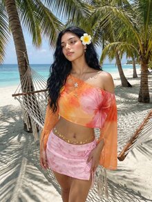 SHEIN ICON 女士超大印花不对称肩部上衣 - 粉色 - 查看 3
