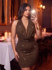 SHEIN BAE CURVE Plus Size Autumn Shades Of Brown Crystal Rhinestone Backless Bodycon Elegant Sexy Mini Dress, Night Out Club Cocktail Banquet,Halloween,Elegant Luxury - Brown - View 2