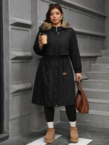 SHEIN Clasi Mantel Trench Panjang Berkerudung Modis Berwarna Polos untuk Wanita Ukuran Plus dengan Lapisan Termal - Hitam - View 4