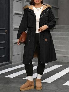 SHEIN Clasi Mantel Trench Panjang Berkerudung Modis Berwarna Polos untuk Wanita Ukuran Plus dengan Lapisan Termal - Hitam - View 3