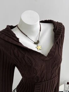 Balvessa Sweater Pullover Rajut Kabel Klasik Kasual Serbaguna Warna Cokelat untuk Wanita, Cocok untuk Perjalanan Sehari-hari - Coklat - View 5