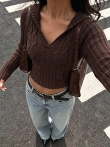 Balvessa Sweater Pullover Rajut Kabel Klasik Kasual Serbaguna Warna Cokelat untuk Wanita, Cocok untuk Perjalanan Sehari-hari - Coklat - View 4