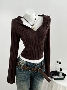 Balvessa Sweater Pullover Rajut Kabel Klasik Kasual Serbaguna Warna Cokelat untuk Wanita, Cocok untuk Perjalanan Sehari-hari - Coklat - View 7