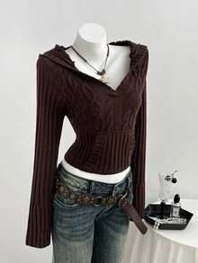Balvessa Sweater Pullover Rajut Kabel Klasik Kasual Serbaguna Warna Cokelat untuk Wanita, Cocok untuk Perjalanan Sehari-hari - Coklat - View 6