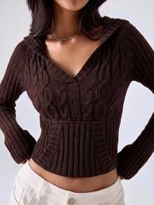 Balvessa Sweater Pullover Rajut Kabel Klasik Kasual Serbaguna Warna Cokelat untuk Wanita, Cocok untuk Perjalanan Sehari-hari - Coklat - View 2