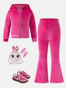 SHEIN Young Girl Knitted Solid Color Velvet Patch Pocket Hooded Casual Sweatshirt & Fitted Flare Pants 2 Pieces Set, Spring/Autumn - Multicolor - View 4