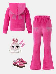 SHEIN Young Girl Knitted Solid Color Velvet Patch Pocket Hooded Casual Sweatshirt & Fitted Flare Pants 2 Pieces Set, Spring/Autumn - Multicolor - View 3