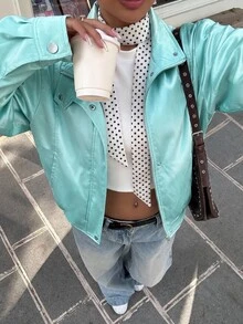 Muchica Chaqueta de satén verde menta con cuello alto para mujer, nueva para otoño - verde menta - Ver 7