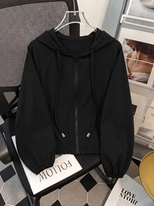 Franclia Women's Spring/Summer Thin Casual Versatile Long Sleeve Hooded Zip-Up Sun Protection Jacket - Black - View 3