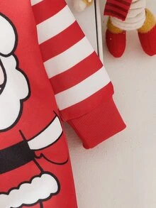 SHEIN 新生兒男嬰女嬰聖誕紅色保暖抓絨連身衣，可愛節慶聖誕老人條紋袖長袖保暖連身褲，適合冬季 - 紅白色 - 查看 5