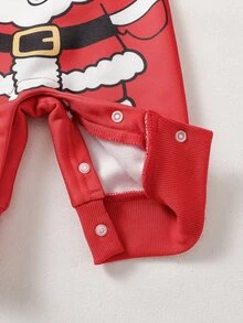 SHEIN 新生兒男嬰女嬰聖誕紅色保暖抓絨連身衣，可愛節慶聖誕老人條紋袖長袖保暖連身褲，適合冬季 - 紅白色 - 查看 6